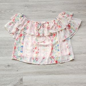 On The Road Pink Floral Shirt Womens Size Medium Ruffle Layered Top Summer